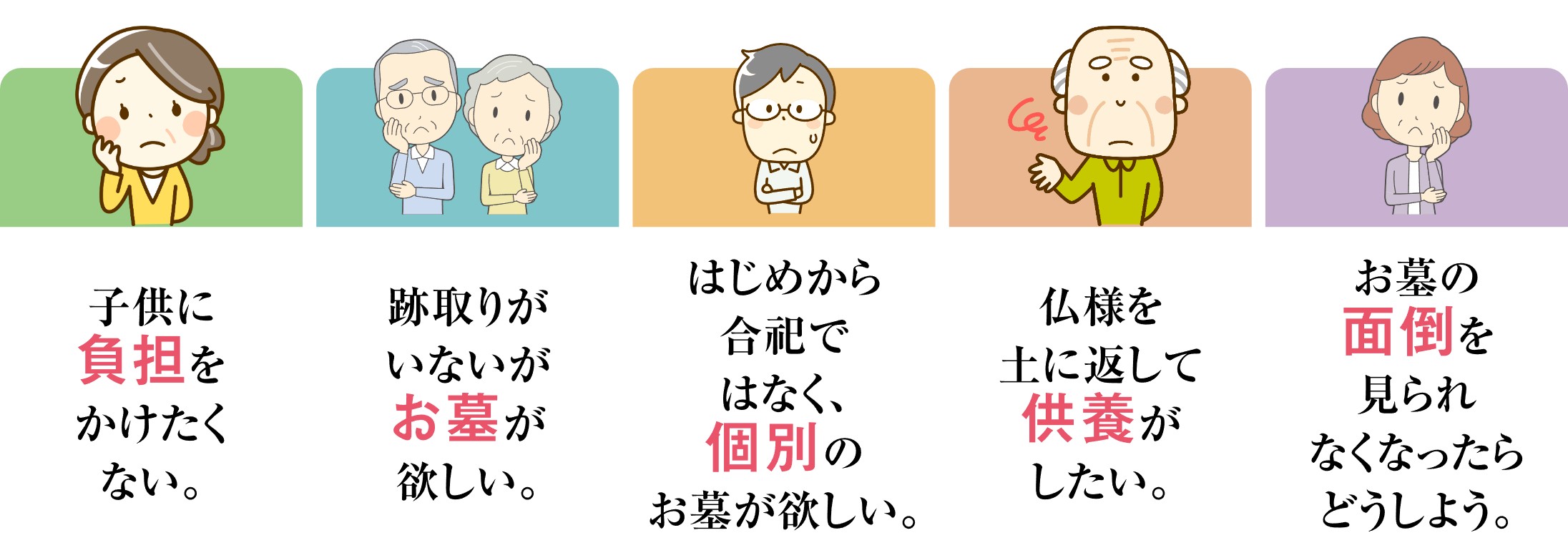 こんなお悩み：子供に負担をかけたくない。跡取りがいないがお墓が欲しい。はじめから合祀ではなく、個別のお墓が欲しい。仏様を土に返して供養がしたい。お墓の面倒を見られなくなったらどうしよう。