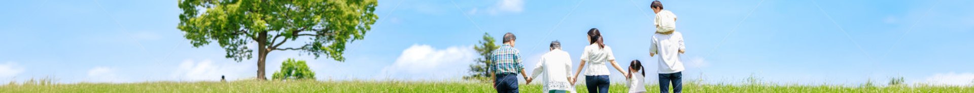 草原を手をつないで歩く三世代の家族