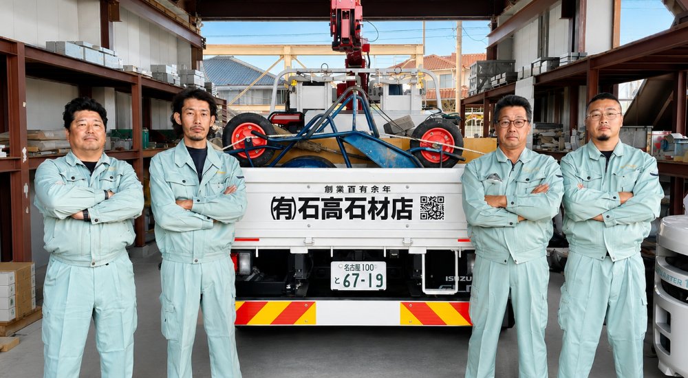 石高石材店の職人と施工車両